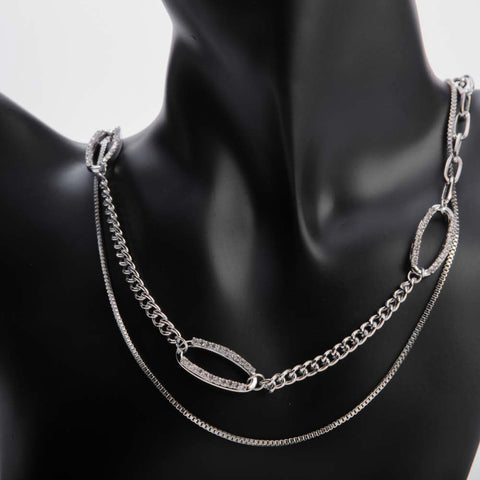 Silver two layer chain necklace with crystal stones for women's accessories by Bentati Fashion Dubai