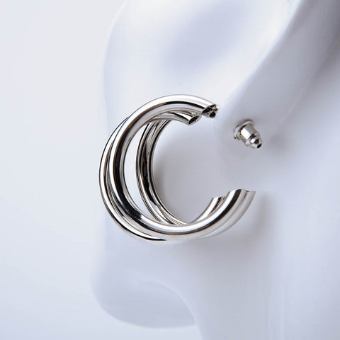 Silver three layer drop round earrings for women's accessories by Bentati Fashion Dubai