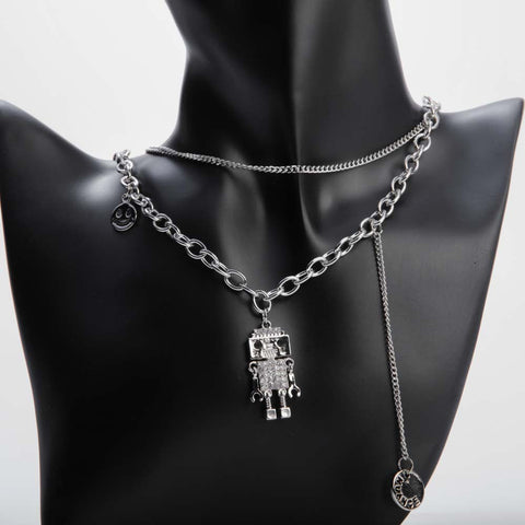 Silver double chain necklace with robot pendant for women's accessories by Bentati Fashion Dubai